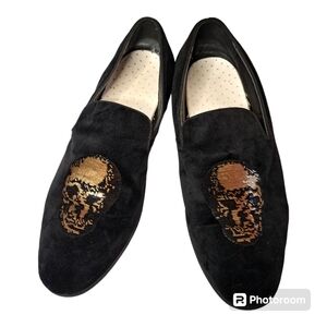 Mens 11.5 skull black velvet slip on loafer shoes